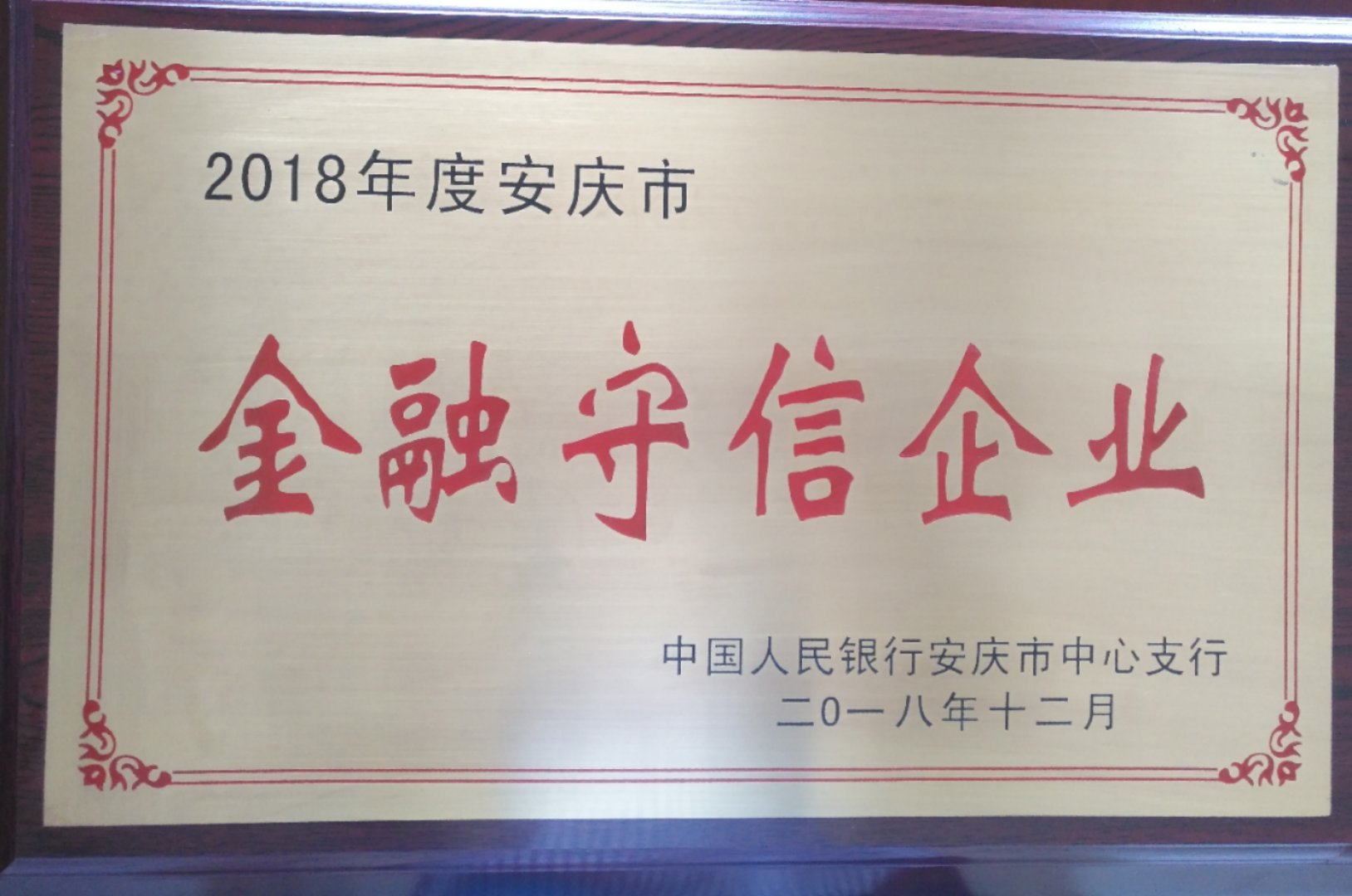 皖工榮獲2018年度安慶市金融守信企業(yè)